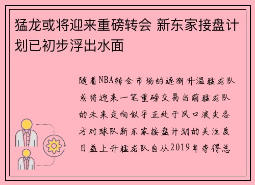 猛龙或将迎来重磅转会 新东家接盘计划已初步浮出水面