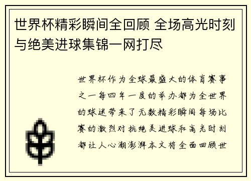 世界杯精彩瞬间全回顾 全场高光时刻与绝美进球集锦一网打尽